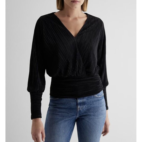 Express Tops - Express Women's Long Sleeve Surplice Top Size XS Black Pleated V-Neck NWT $58